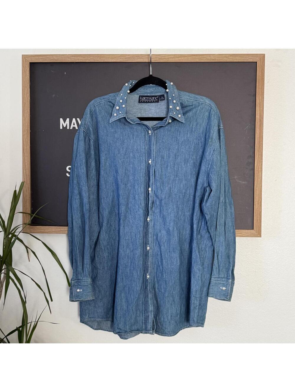 Blue Karen Kane Denim Button Up Pearl Collar Shirt Size 8